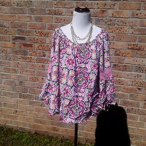 Crown and Ivy pink mosaic print off shoulder tunic